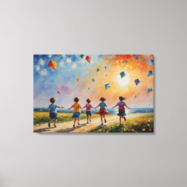eine Gruppe von Kindern, die mit Drachen laufen Leinwanddruck (Vorderseite)