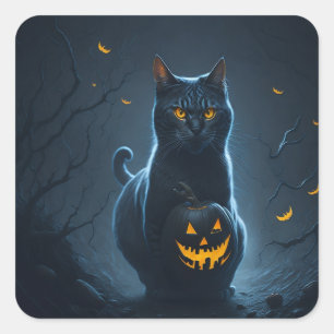 Eine Halloween-Katze mit einem leuchtenden Jackola Quadratischer Aufkleber