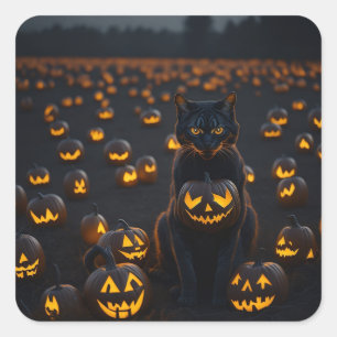 Eine Halloween-Katze mit einem leuchtenden Kürbis Quadratischer Aufkleber