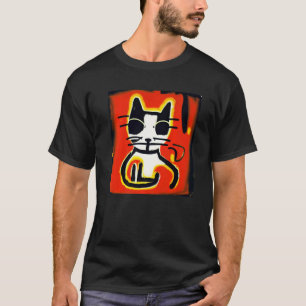 Eine Hauskatze mit kurzem Fell in einem künstleris T-Shirt