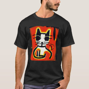 Eine Hauskatze mit kurzem Fell in einem künstleris T-Shirt