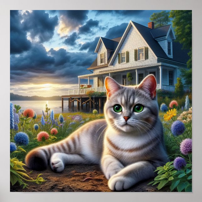 Eine häusliche Kurzkatze in ländlicher Umgebung Poster (Vorne)