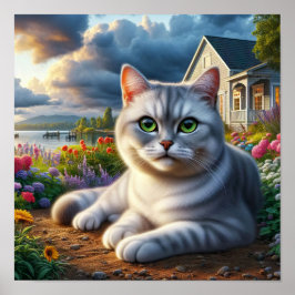 Eine häusliche Kurzkatze in ländlicher Umgebung Poster