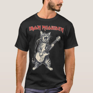 Eine Heavy-Metal-Katze rockt auf der Gitarre und m T-Shirt
