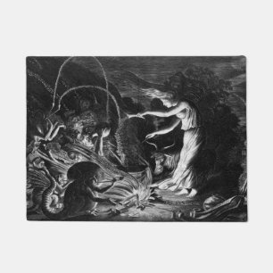 Eine Hexe auf ihrem Cauldron umgeben von J Wellcom Fußmatte
