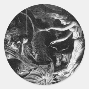 Eine Hexe auf ihrem Kessel umgeben von J Wellcome Runder Aufkleber