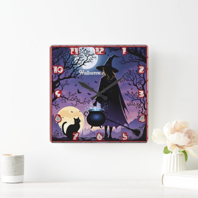 Eine Hexe braut Tränke unter Vollmond Quadratische Wanduhr (Zuhause)