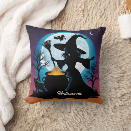 Eine Hexe bricht unter Vollmond Magie auf Kissen