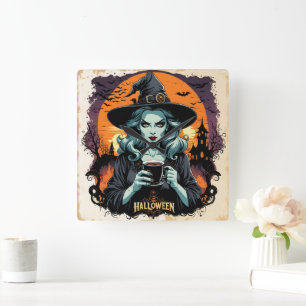 Eine Hexe bricht unter Vollmond Magie auf Quadratische Wanduhr