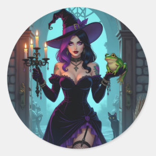 Eine Hexe, ein Candelabra und ein FroschHalloween Runder Aufkleber