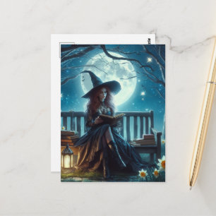 Eine Hexe liest in der Nähe der Narzissen bei Nach Postkarte
