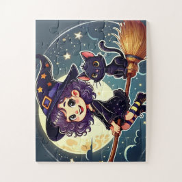 Eine Hexe und eine Katze auf einem Besenpuzzle Puzzle