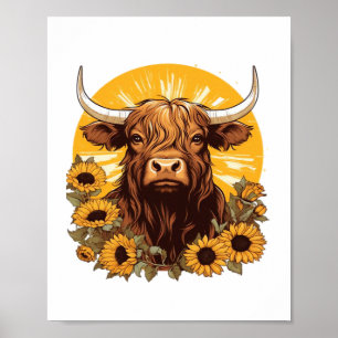 Eine Hochlandkuh-Illustration mit Sonnenblumen-Kla Poster