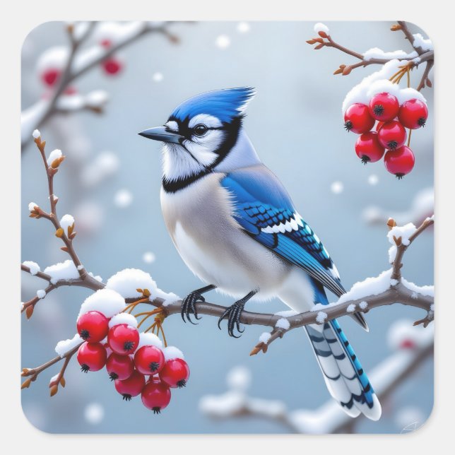 Eine Hübsche Blue Jay auf einer Schneeballweihnach Quadratischer Aufkleber (Vorderseite)
