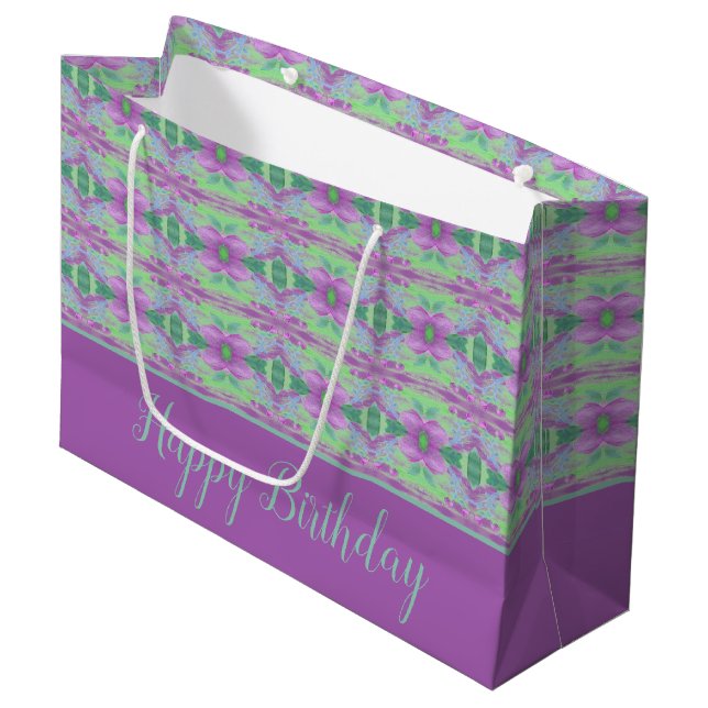 Eine Hübsche große Lila Blume Gemusterte Geschenkt Geschenktüte (Vorderseite Schrägansicht)