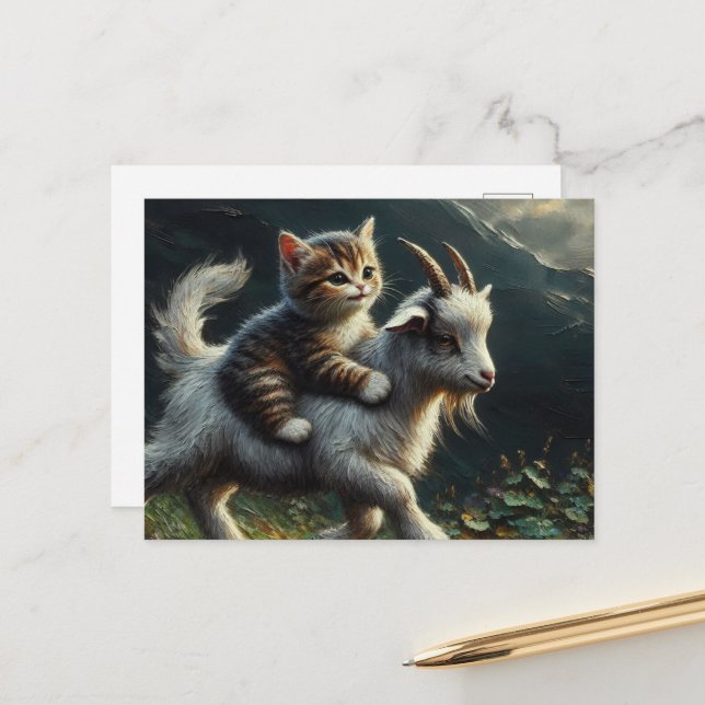 Eine hübsche Katze, die eine Ziege reitet Postkarte (Vorderseite/Rückseite Beispiel)