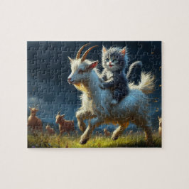 Eine hübsche Katze, die eine Ziege reitet Puzzle
