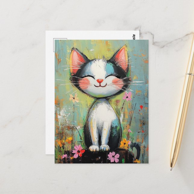Eine hübsche Katze und Blume Postkarte (Vorderseite/Rückseite Beispiel)