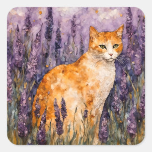 Eine hübsche rote Katze auf einem Lavendelfeld Quadratischer Aufkleber