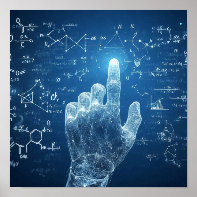 Eine humanoide Hand, die auf einem Datenblatt über Poster (Vorne)