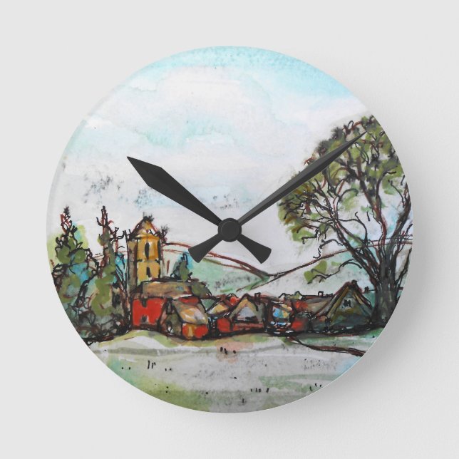 Eine idyllische britische Dorfskizze Runde Wanduhr (Vorderseite)