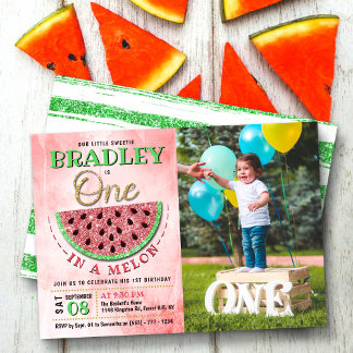 Eine in einem Melon 1. Geburtstag Foto Einladung