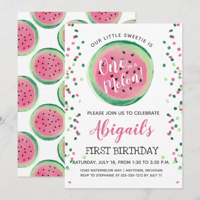Eine in Melon Watermelon Erste Geburtstagsparty Einladung (Vorne/Hinten)