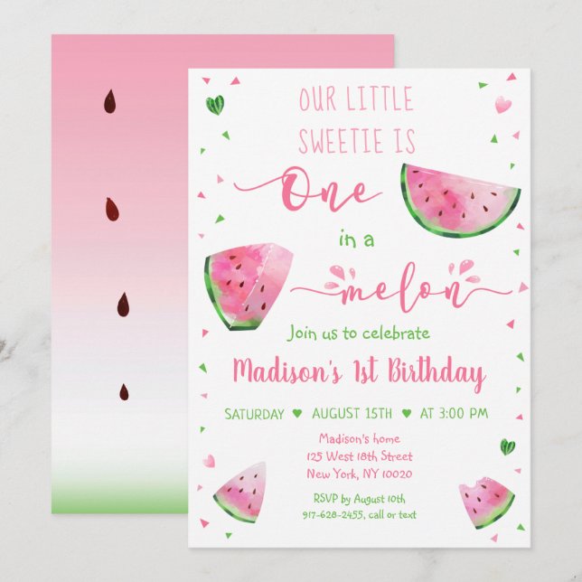 Eine in Melon Watermelon Pink Green Geburtstag Einladung (Vorne/Hinten)