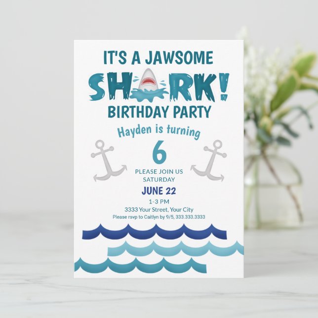 Eine Jawsome Shark Birthday Party Einladung (Stehend Vorderseite)