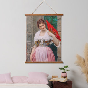 Eine junge Dame mit einem roten Fächer von Eugen v Wandteppich Mit Holzrahmen
