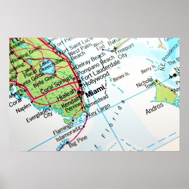 Eine Karte mit der amerikanischen Stadt Miami Poster (Vorne)