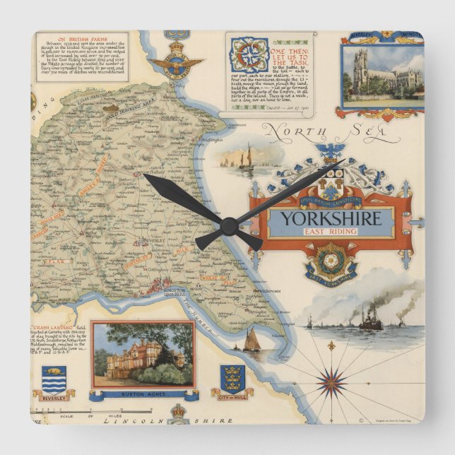 Eine Karte von Yorkshire: Ostreiten Quadratische Wanduhr (Vorderseite)