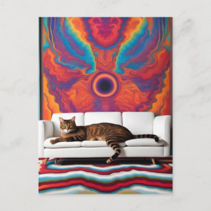 Eine Katze auf einem weißen Sofa psychedelisch far Postkarte