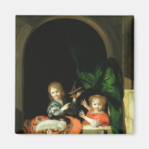 Eine Katze beobachtet zwei Jungs Magnet