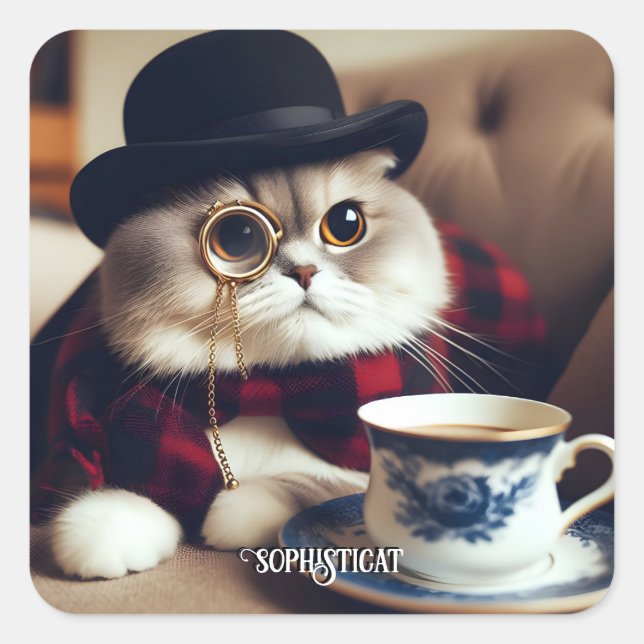 Eine Katze, die ein Monokel trägt Quadratischer Aufkleber (Vorderseite)