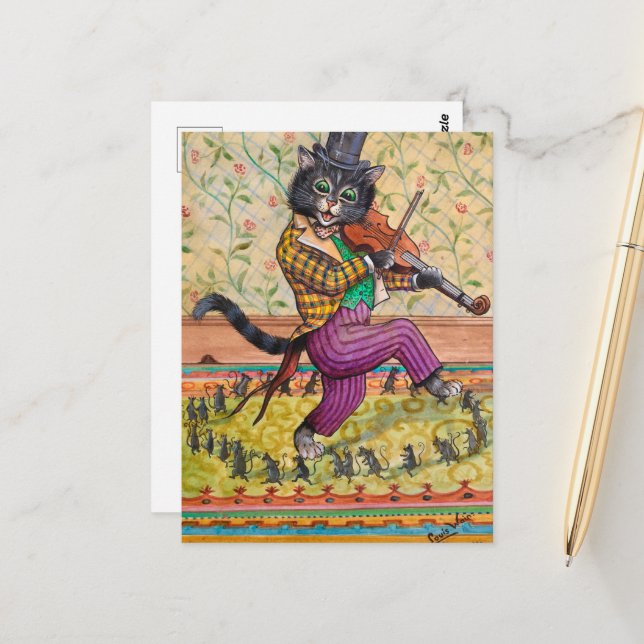 Eine Katze, die eine Fiddle von Louis Wain spielt Postkarte (Vorderseite/Rückseite Beispiel)