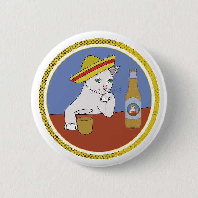 Eine Katze, die einen Sombrero trägt und trinkt Button (Vorderseite)