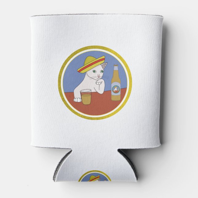 Eine Katze, die einen Sombrero trägt und trinkt Dosenkühler (Vorderseite)