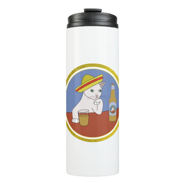 Eine Katze, die einen Sombrero trägt und trinkt Thermosbecher (Vorderseite)