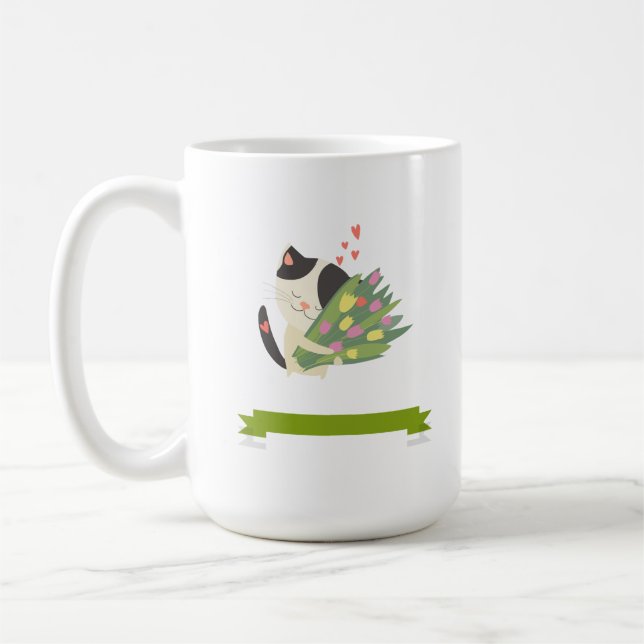Eine Katze, die ihren Blumenstrauß liebt. Kaffeetasse (Links)