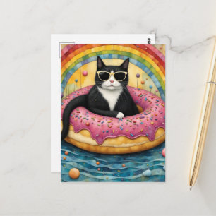 Eine Katze im Urlaub in einem schwebenden Donut Postkarte