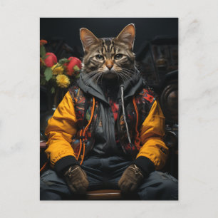 Eine Katze in einer farbenfrohen Jacke Postkarte