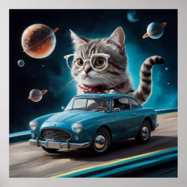 Eine Katze mit Brille, die ein Auto auf ... Poster