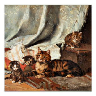 Eine Katze mit drei Kätzchen, feine Kunstmalerei Poster