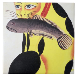 Eine Katze mit einem Fisch in seinem Mund, vom Fliese