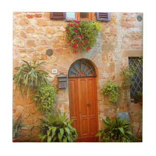 Eine Katze sucht den Eingang zum Haus in Pienza, I Fliese