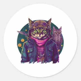 Eine Katze und eine Eule  Runder Aufkleber
