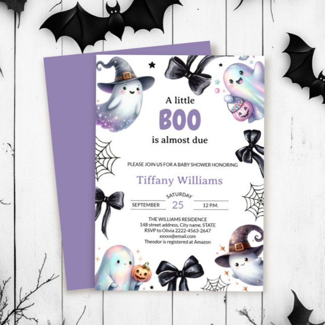 Eine kleine Boo Baby Dusche Einladung | Niedliches (Pastel ghost baby shower invite with bows and cobwebs — cute spooky “A Little Boo” theme)