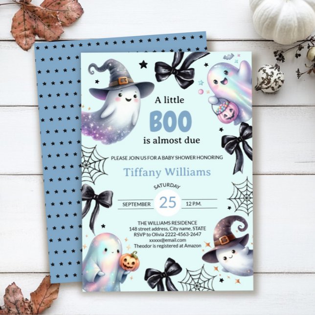 Eine kleine Boo Baby Dusche Einladung | Niedliches (A little BOO is almost due — ghost baby shower invite in blue color with black bows)