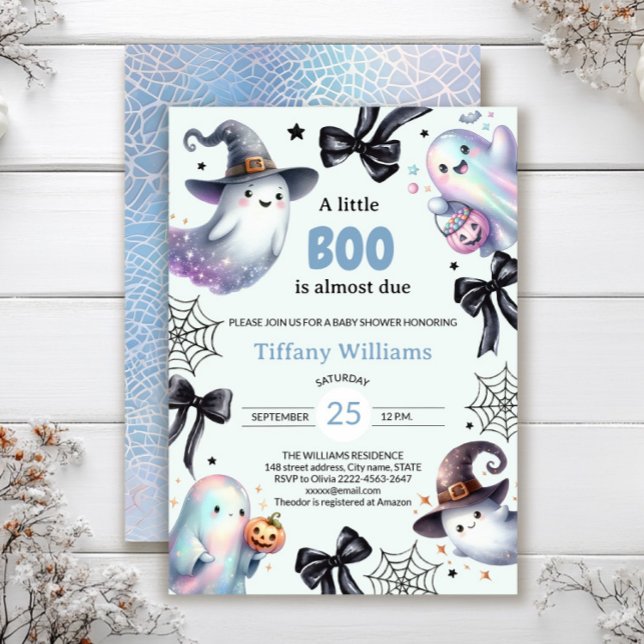 Eine kleine Boo Baby Dusche Einladung | Niedliches (A little BOO is almost due — ghost baby shower invite in blue color with black bows)